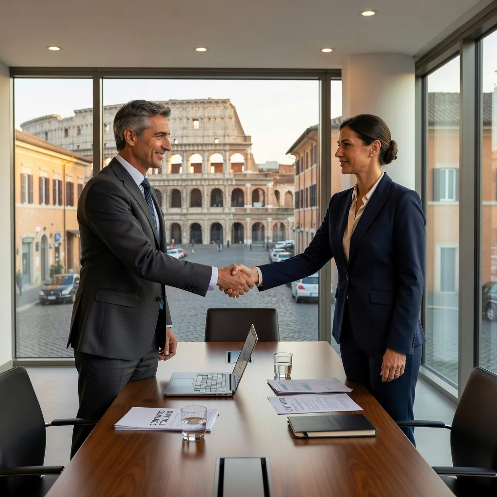 A photorealistic image representing the concept of a settlement agreement in Italy, showing two professionals in a modern Italian office shaking hands across a table with a subtle Italian flag or landmark in the background, symbolizing resolution and agreement without focusing on documents.