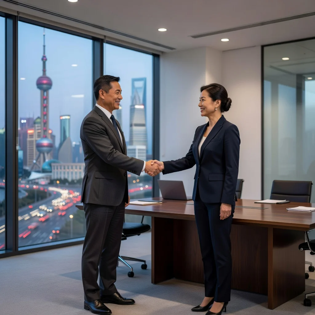 A professional scene representing debt settlement in China, featuring two adults in a modern Chinese office shaking hands over a negotiation table with subtle Chinese cityscape in the background, symbolizing agreement and resolution without showing any documents.