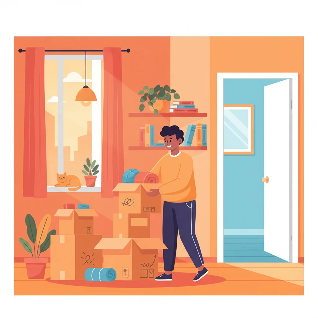 A professional illustration depicting a tenant peacefully moving out of an apartment, symbolizing the end of a lease agreement, with moving boxes and a welcoming new beginning vibe, in a clean and modern style without showing any legal documents.