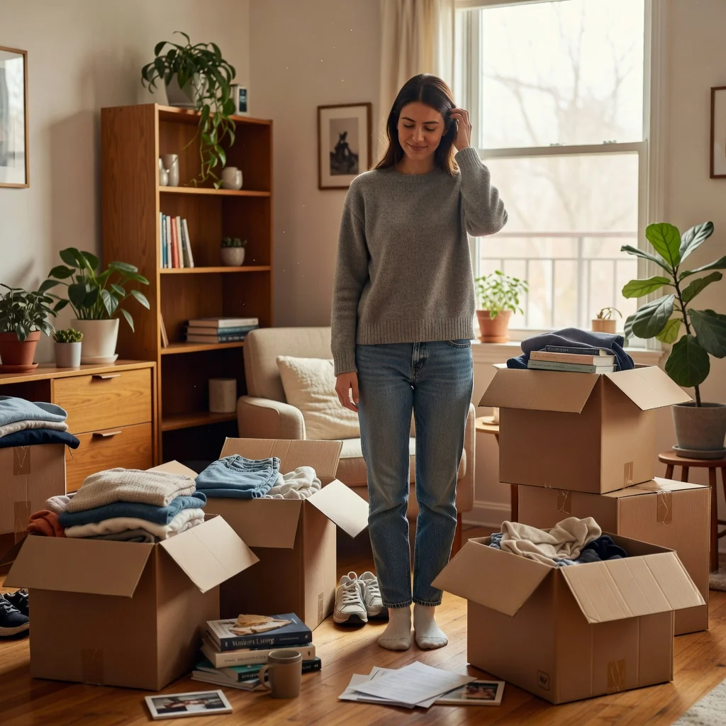 A photorealistic image of a young adult woman packing boxes in a cozy apartment living room, symbolizing the process of moving out and ending a rental lease agreement, with natural light coming through the window and everyday household items around.