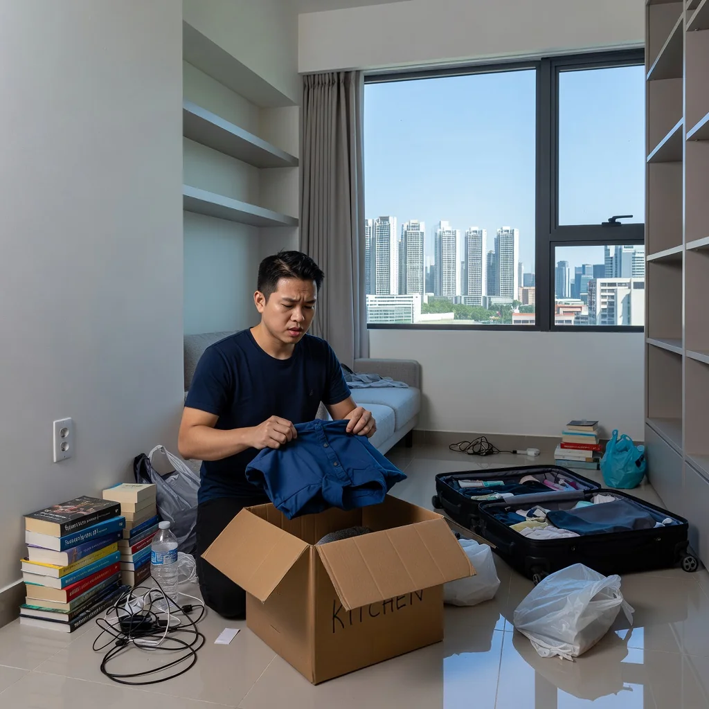 A photorealistic image of a stressed adult tenant packing boxes in a modern Singapore apartment, symbolizing the process of moving out due to a notice to quit, with urban skyline visible through the window, conveying the emotional and practical challenges of eviction without showing any legal documents.