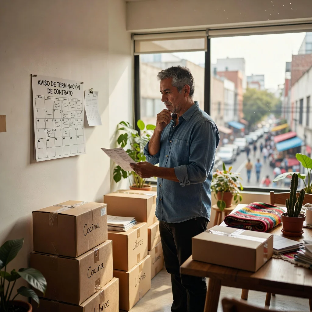 A photorealistic image of a concerned adult tenant in a modern Mexican apartment, packing boxes and looking at a calendar on the wall, symbolizing the process of responding to a lease termination notice, with warm natural light filtering through windows overlooking a cityscape.
