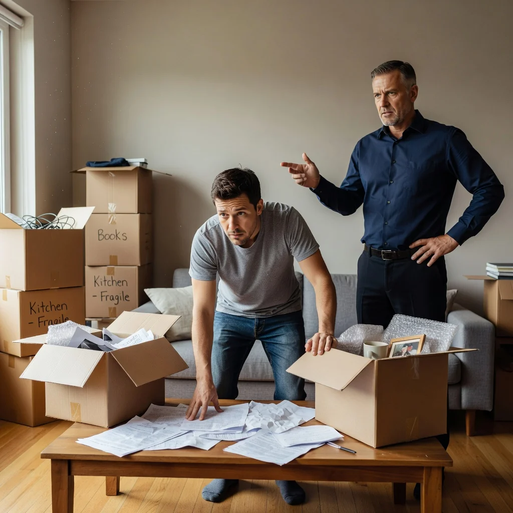 A photorealistic image depicting a tense moment in a residential setting where an adult tenant is packing boxes and preparing to move out after receiving a lease termination notice, with a concerned landlord in the background discussing the situation, symbolizing common legal disputes in tenancy endings.