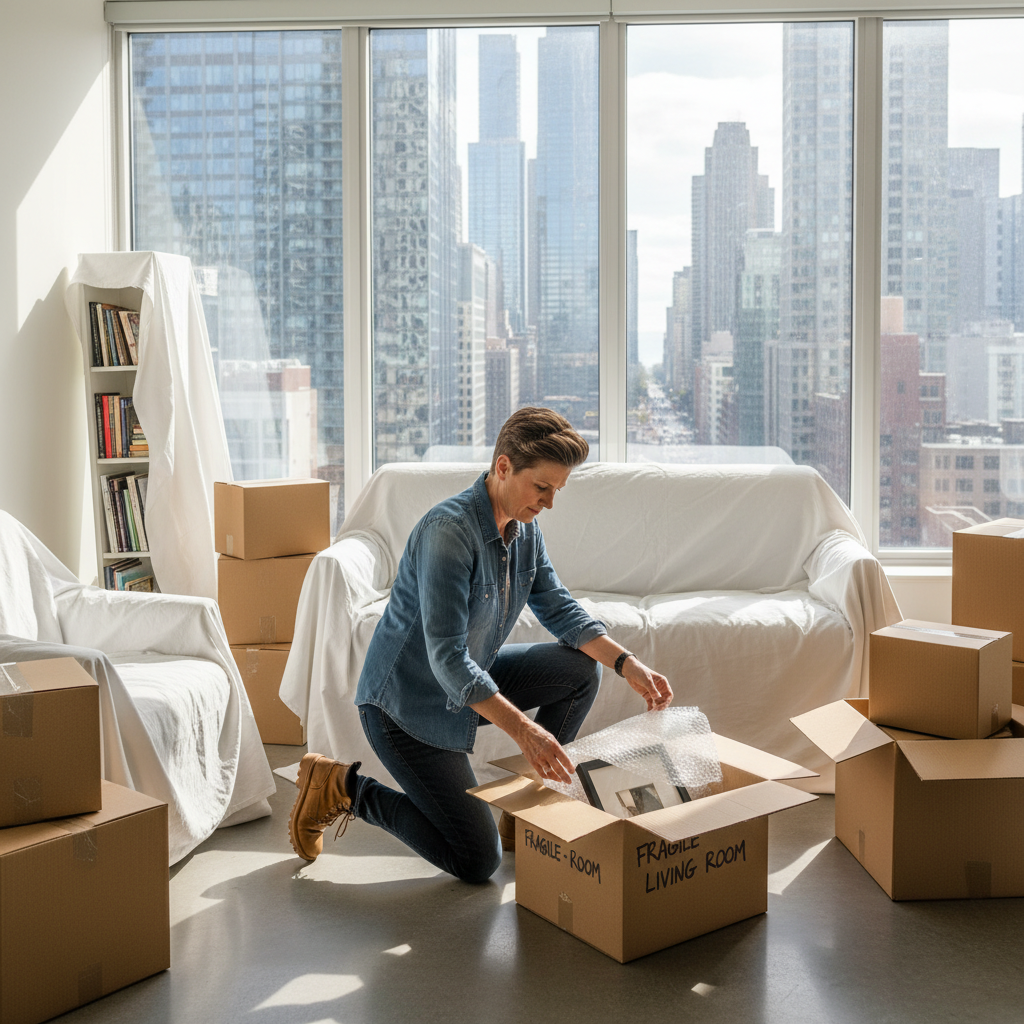 A photorealistic image of an adult tenant packing boxes in a modern apartment, preparing to move out at the end of a lease, symbolizing the transition and end of rental period without showing any legal documents.