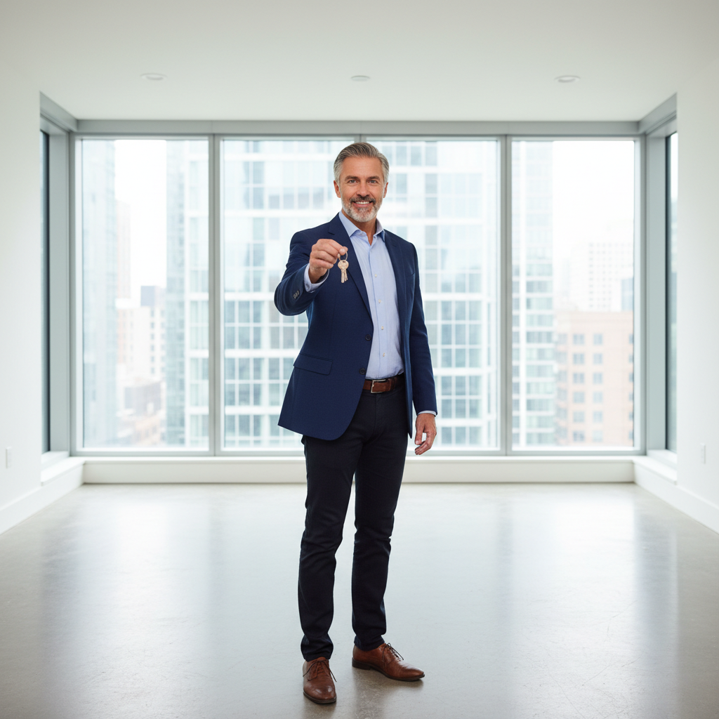 A photorealistic image of a professional landlord in a modern rental property, standing confidently in a well-lit apartment with keys in hand, symbolizing property management and tenancy processes, no legal documents visible.
