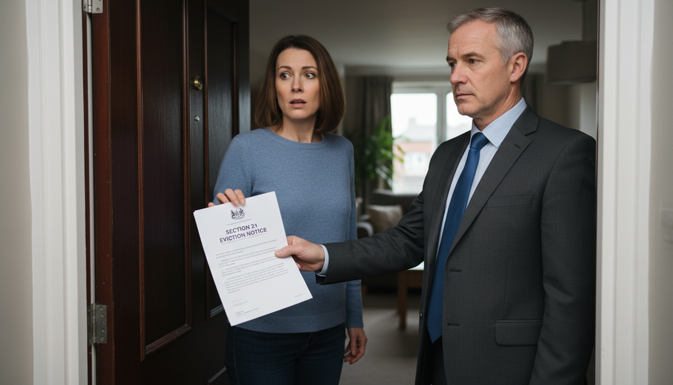 Landlord handing eviction notice to tenant