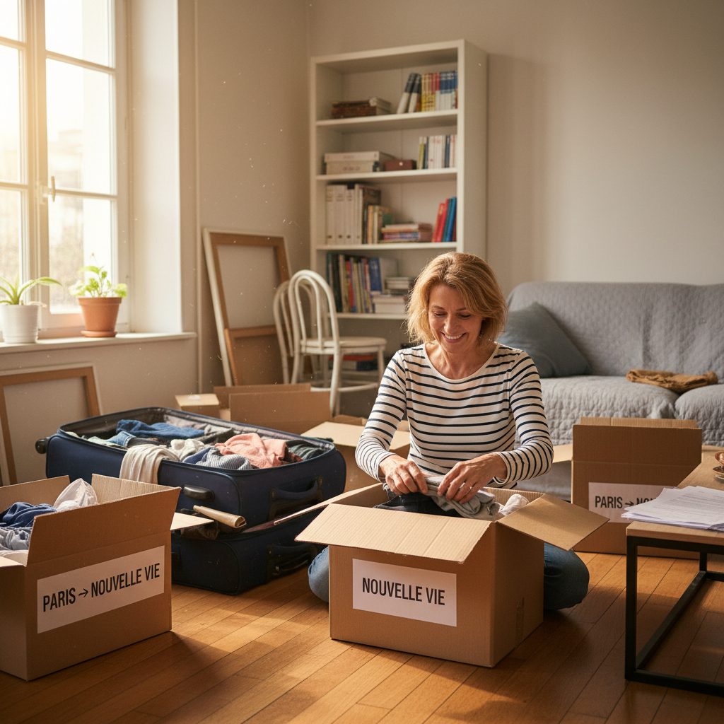 A photorealistic image depicting a relieved adult tenant packing boxes in a modern French apartment, symbolizing the end of a rental lease and moving out, with subtle French elements like a window view of Paris streets.