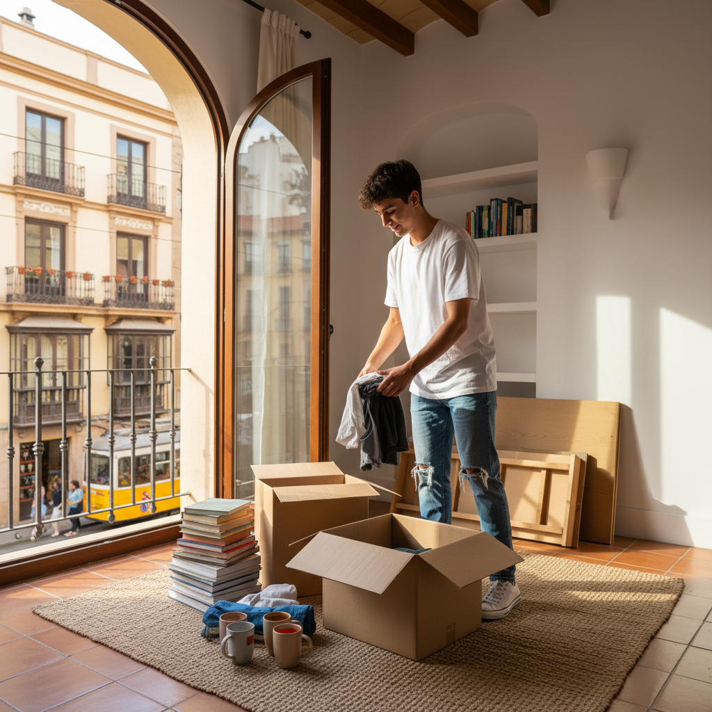 A photorealistic image of a young adult tenant packing boxes in a cozy Spanish apartment, preparing to move out, with moving boxes, some furniture, and a window showing a view of a typical Spanish urban street outside. The scene conveys a sense of organized transition and independence, relating to ending a rental lease agreement.