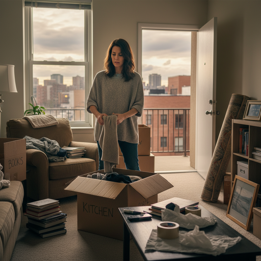 A photorealistic image depicting a stressed adult tenant packing boxes in a modest apartment, symbolizing the process of ending a rental agreement, with moving items and an open door leading to the outside, conveying themes of change and relocation without focusing on legal documents.