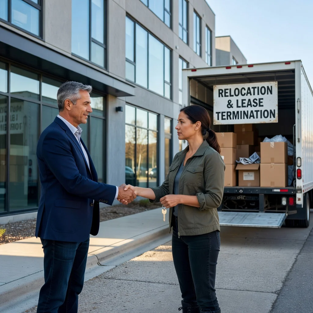 A photorealistic image of an adult landlord and tenant shaking hands in a professional manner outside an apartment building, symbolizing the end of a lease agreement, with a moving truck in the background indicating relocation, no children present.