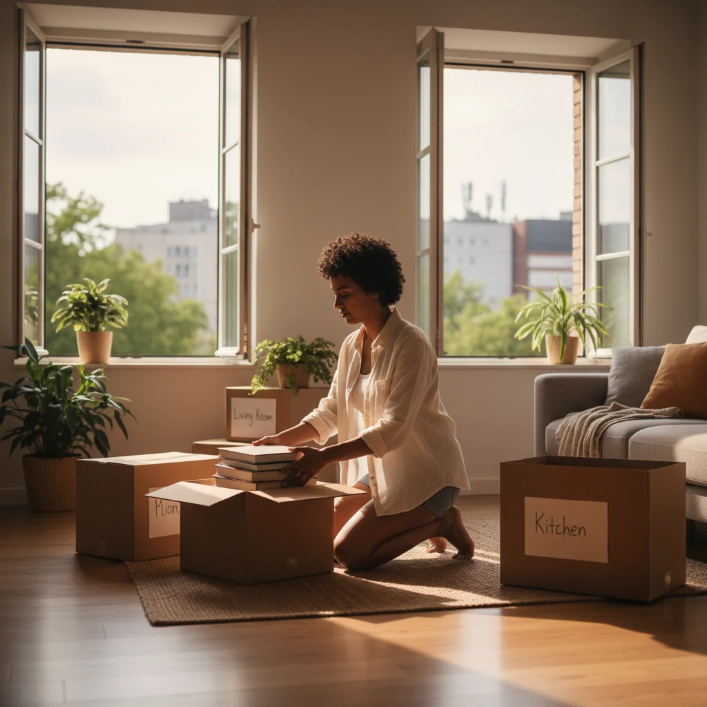 A serene image of a tenant packing boxes in a cozy apartment, symbolizing the transition of moving out after receiving notice to vacate, with sunlight streaming through windows and a sense of calm preparation.