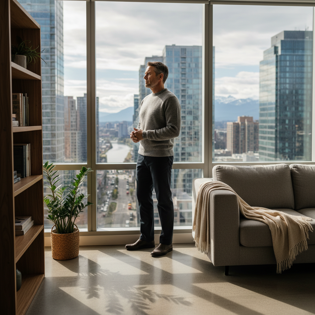 A photorealistic image depicting a concerned adult tenant in a modern apartment, looking out a window thoughtfully, symbolizing the protection against sudden eviction in rental law, with subtle elements like a lease agreement on a table in the background but not the focus.