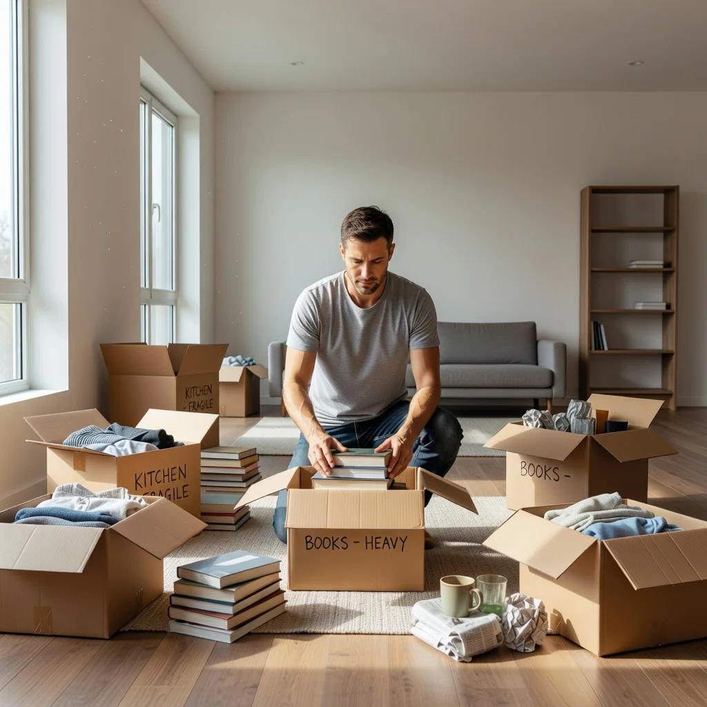 A photorealistic image depicting a professional adult in their mid-30s packing boxes in a modern apartment living room, preparing to move out at the end of a lease. The scene shows open cardboard boxes filled with books, clothes, and household items, with natural light streaming through windows, evoking a sense of organized transition and closure without any focus on legal documents. No children are present in the image.