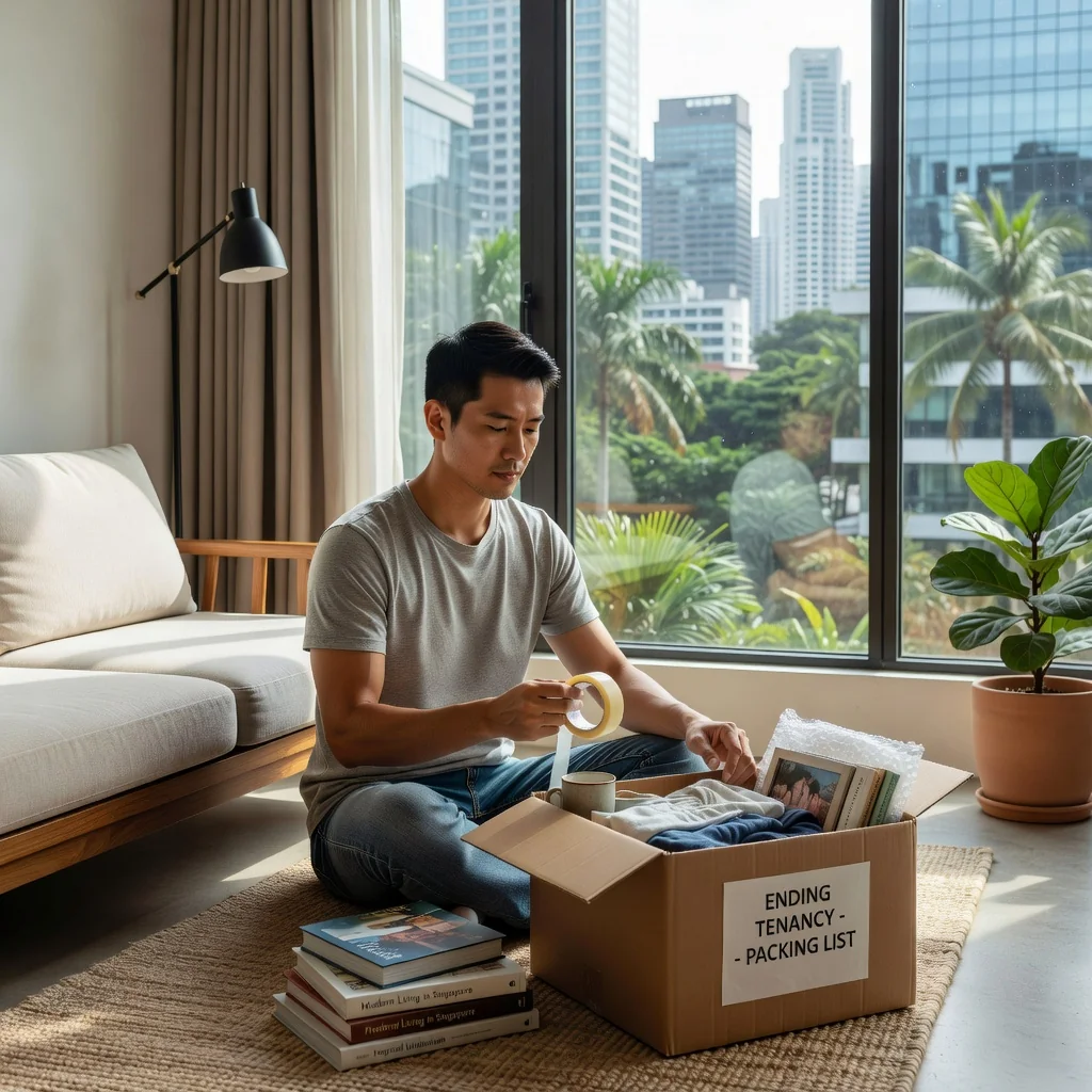 A photorealistic image depicting the stress and transition of moving out of a rental apartment in Singapore, focusing on an adult tenant packing boxes in a modern urban living room with city skyline view through the window, conveying a sense of change and resolution without showing any legal documents.