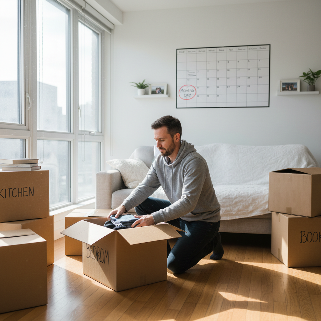 A photorealistic image of an adult tenant packing boxes in a modern apartment, symbolizing the end of a lease and moving out, with subtle elements like a calendar or keys on a table to represent giving notice, no children or legal documents visible.