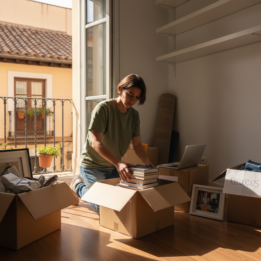 A photorealistic image depicting a young adult tenant packing boxes in a modern Spanish apartment, symbolizing the process of ending a rental lease agreement, with subtle Spanish elements like a window view of a cityscape in the background.