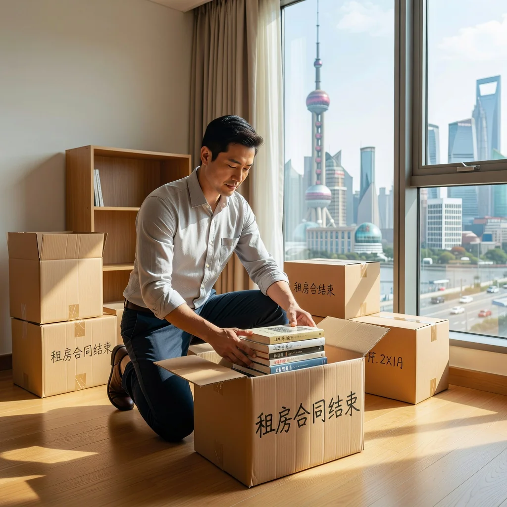 A photorealistic image depicting the end of a rental agreement in China, showing an adult tenant professionally packing and moving out of a modern urban apartment, with subtle Chinese cityscape in the background, symbolizing the termination of a lease contract.