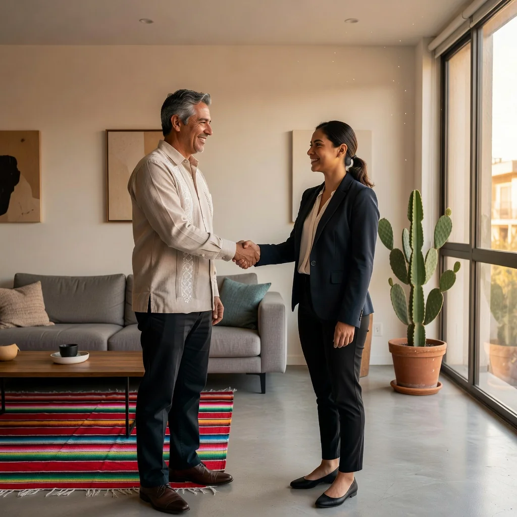A photorealistic image depicting a professional adult landlord and tenant shaking hands in a modern apartment setting, symbolizing the amicable end of a rental agreement in Mexico, with subtle Mexican cultural elements like a colorful serape in the background, no children present, no legal documents visible.
