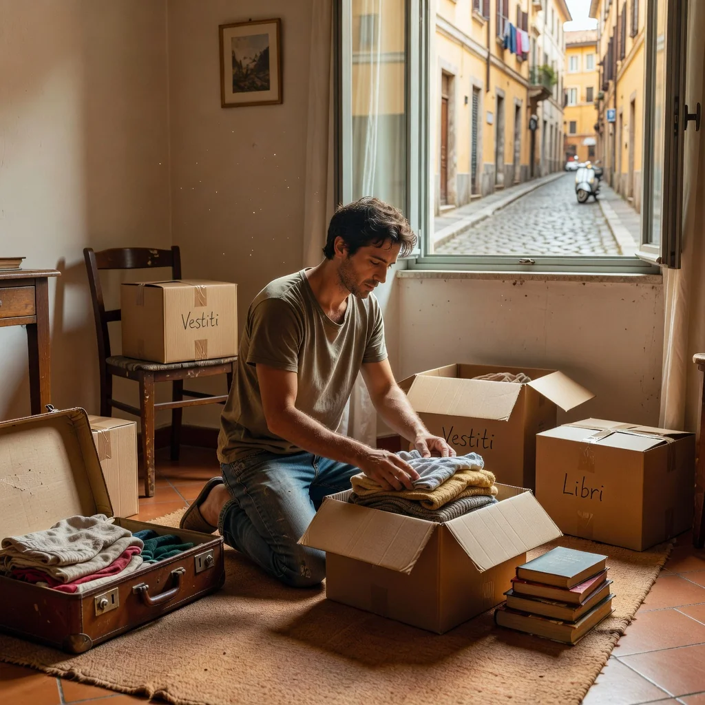 A photorealistic image of an adult tenant packing boxes in a modern Italian apartment, symbolizing the process of ending a rental lease agreement, with subtle Italian elements like a window view of a cityscape in the background.