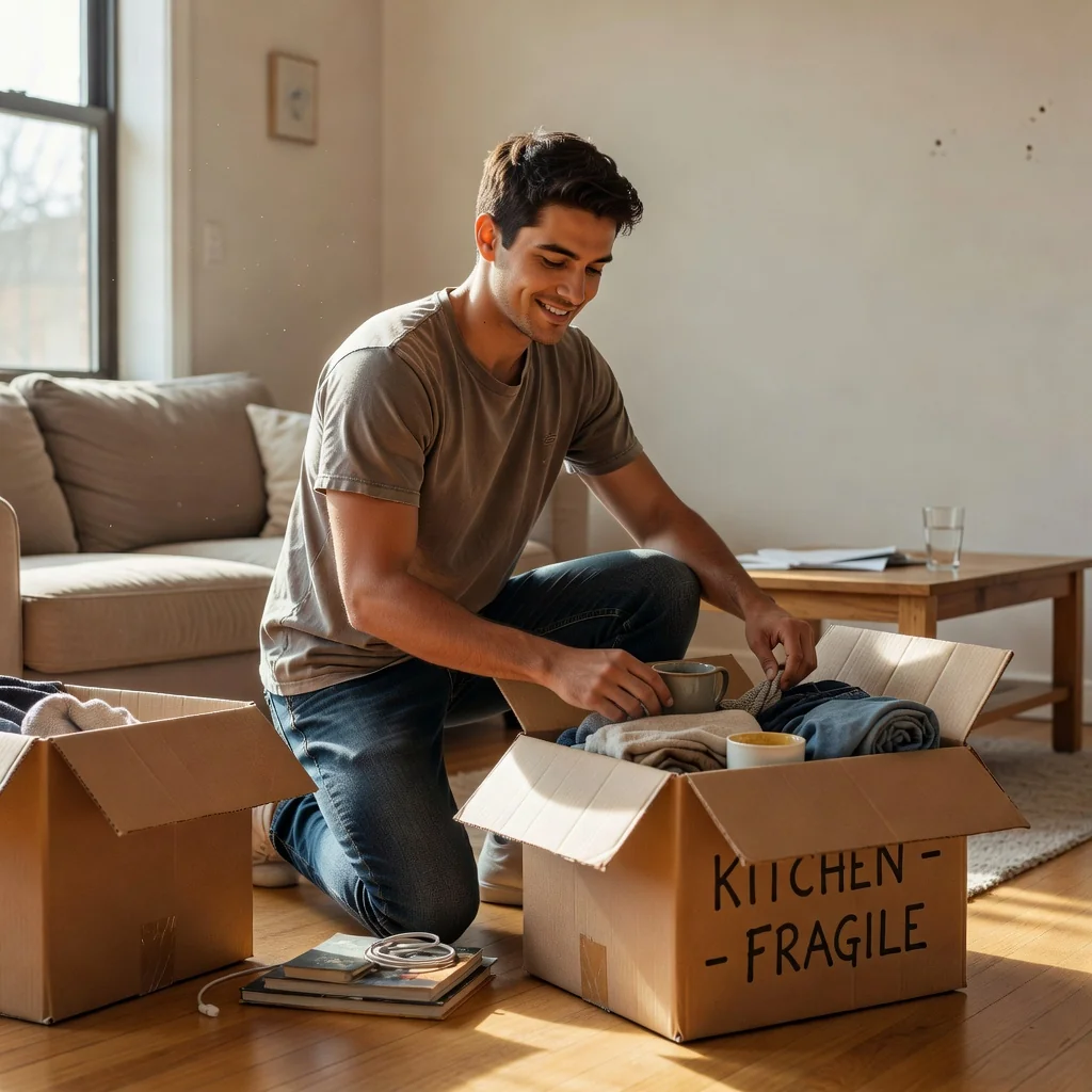 A photorealistic image depicting a young adult tenant packing boxes and preparing to move out of a modern apartment, symbolizing the end of a rental lease agreement. The scene shows the person looking relieved and organized, with moving boxes and belongings in the background, but no legal documents visible.