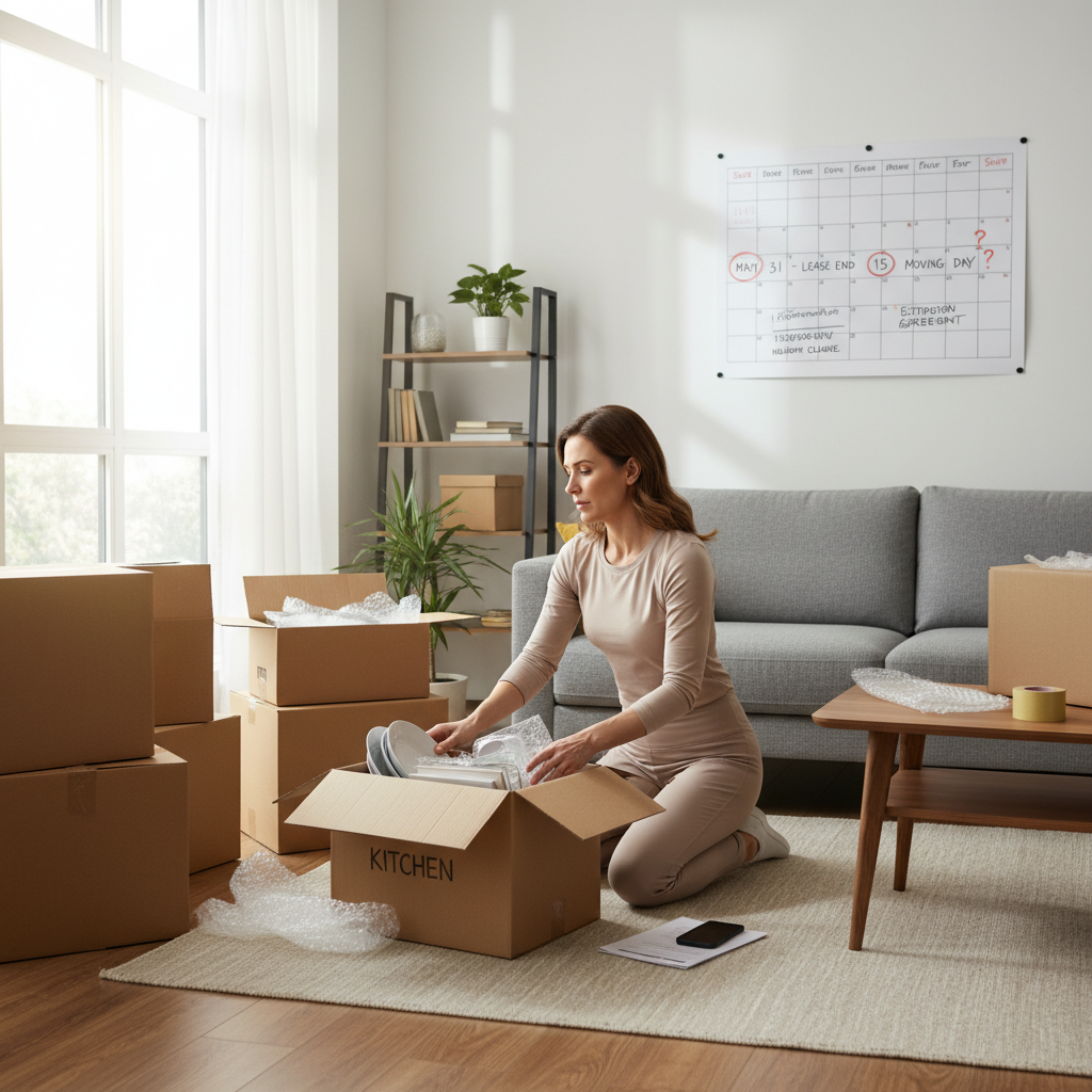 A photorealistic image of a professional adult woman in her 30s packing boxes in a modern apartment living room, preparing to move out, with a calendar on the wall marked with moving dates, symbolizing lease termination deadlines and legal obligations, no children present, natural lighting, high detail.