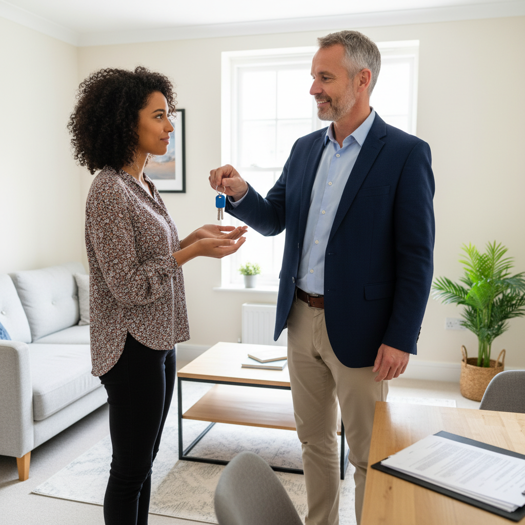 A photorealistic image of a professional landlord or letting agent in a modern UK rental property, such as a cozy apartment, handing over keys to an adult tenant during a move-out process, symbolizing the end of a tenancy agreement. The scene conveys a sense of smooth transition and compliance with legal procedures, with natural lighting and realistic details. No children are present in the image.