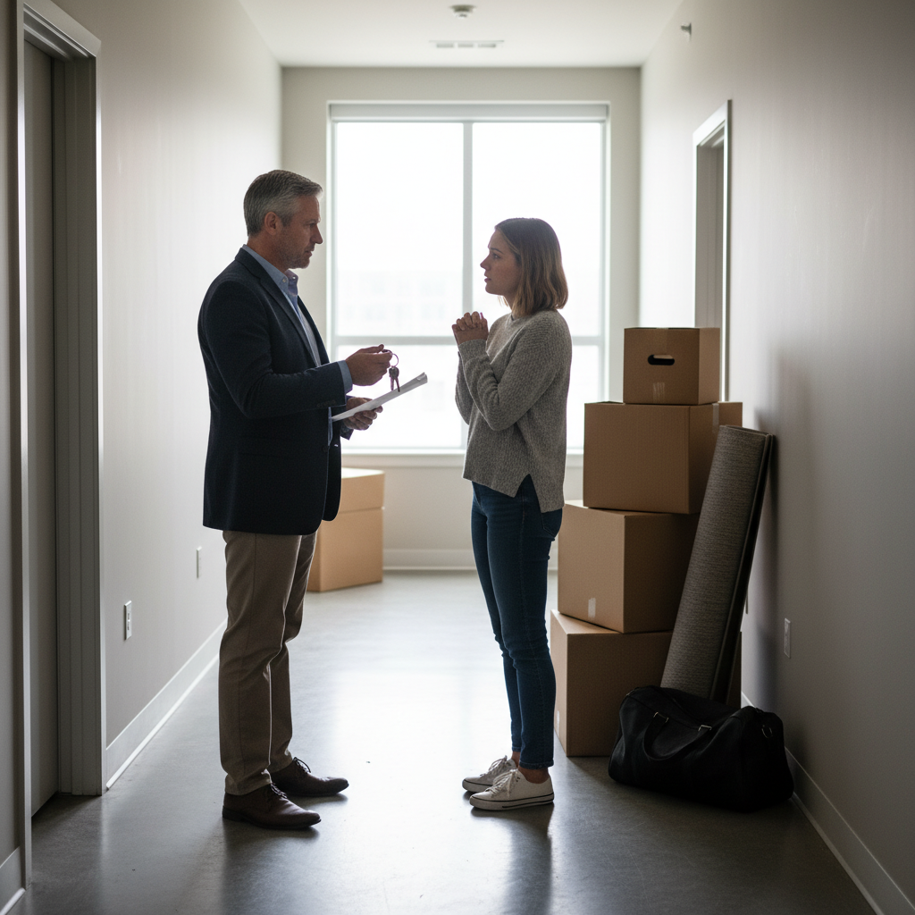 A photorealistic image depicting a tense moment in a rental dispute between a landlord and tenant in a modern apartment setting, symbolizing the process of terminating a lease agreement, with adults only, no children present.