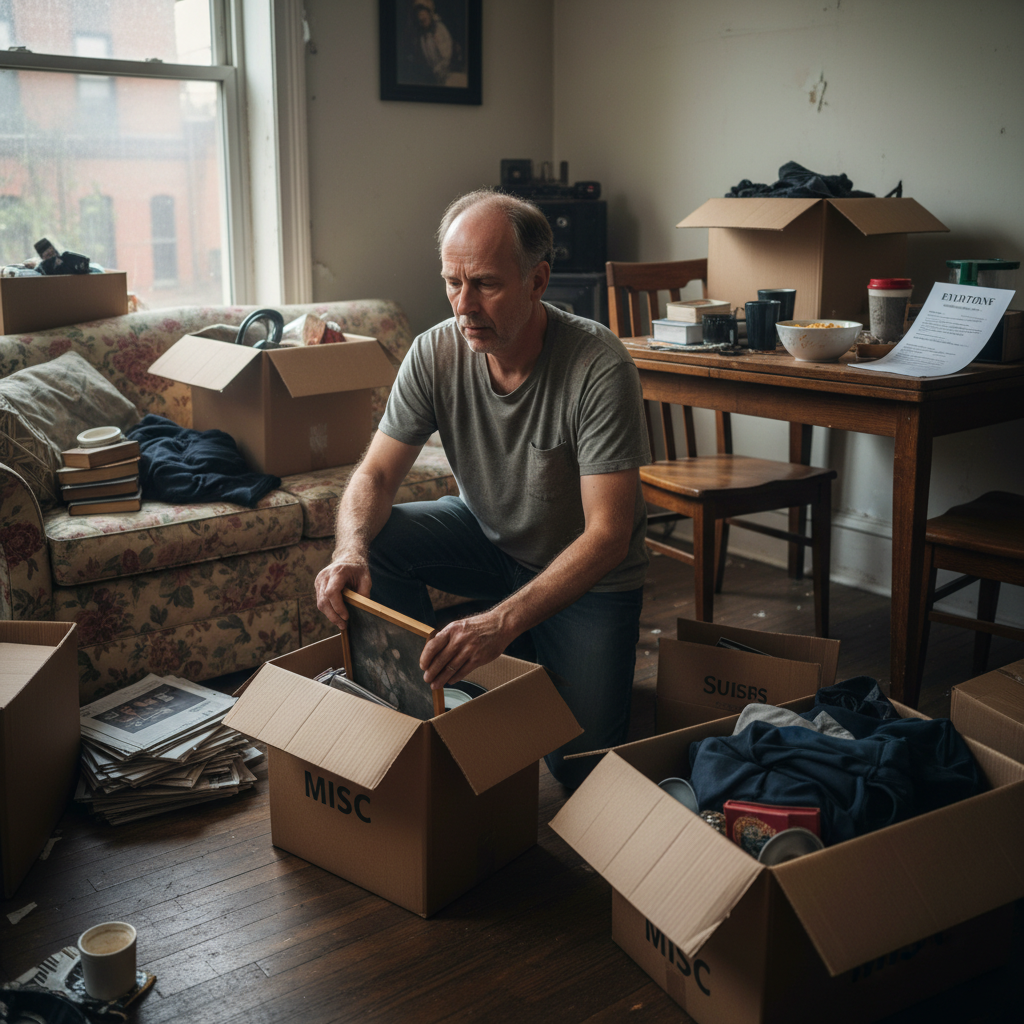 A photorealistic image of a stressed adult tenant packing boxes in a modest apartment, with an eviction notice subtly in the background on a table, symbolizing the challenges of Section 21 evictions. The scene conveys a sense of urgency and the need to avoid common mistakes, focusing on an adult individual in a real-life setting without any children present.