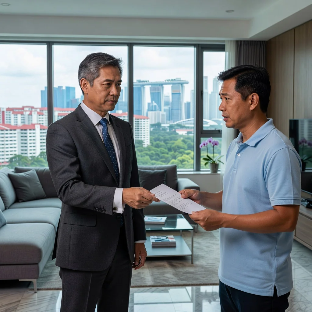 A photorealistic image of a professional landlord or property manager in a modern Singapore apartment, handing over a formal notice letter to an adult tenant during an eviction discussion, emphasizing the legal process of serving a notice to quit, with Singapore skyline visible in the background, no children present.