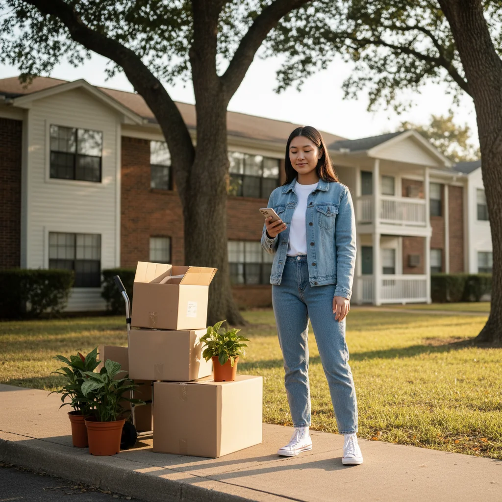 A thoughtful young adult standing in front of a modest apartment building, holding a small suitcase, with a mix of contemplation and determination on their face, symbolizing the transition of moving out from a rental home in the United States.
