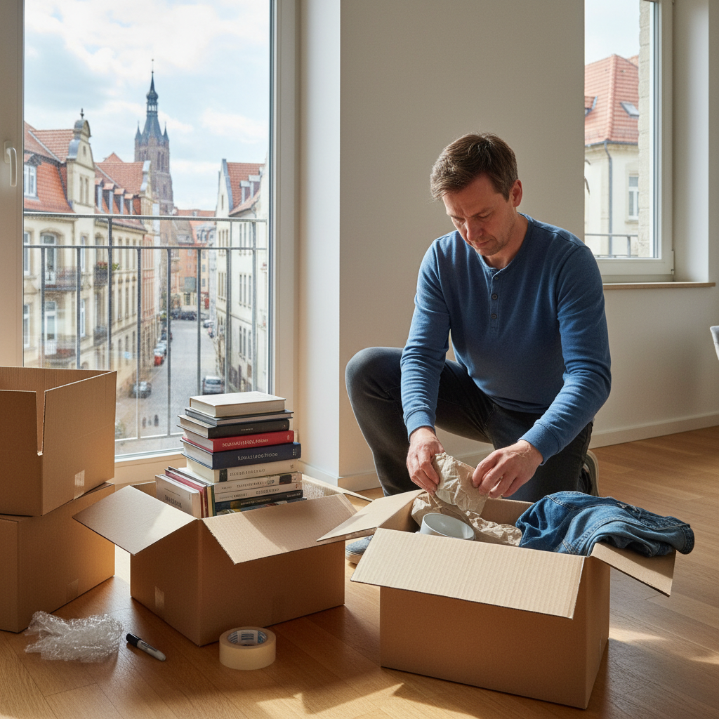 A photorealistic image of an adult person packing boxes in a modern German apartment, symbolizing the process of ending a rental agreement and moving out, with subtle hints of urban Germany like a window view of Berlin architecture in the background.