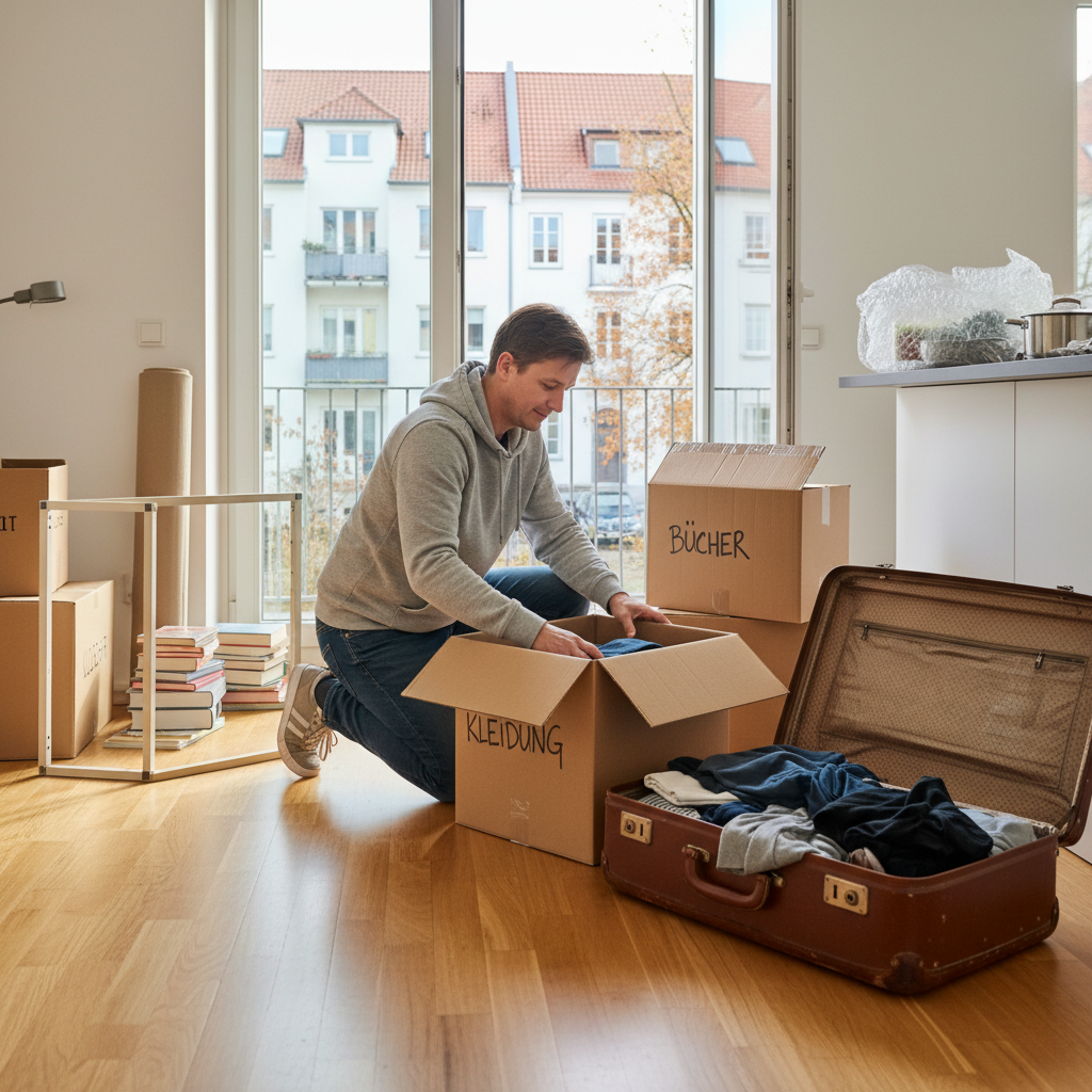 A photorealistic image of an adult tenant packing boxes and preparing to move out of a modern German apartment, symbolizing the end of a rental agreement, with subtle German urban elements like a balcony view of a city street, no children present.