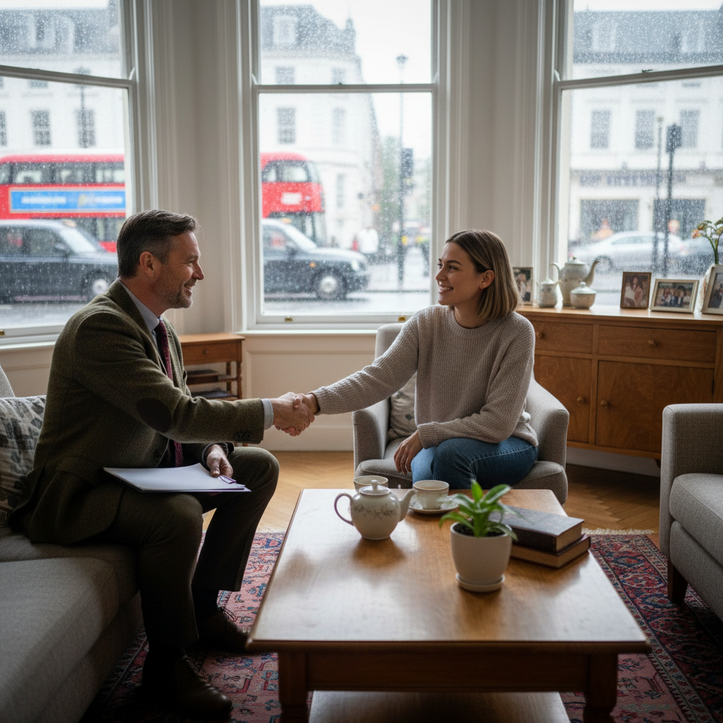 A photorealistic image depicting a professional landlord and tenant in a modern UK apartment, shaking hands over a lease agreement in a living room, symbolizing the eviction notice process without showing any legal documents directly. The scene conveys a sense of formal negotiation in a residential setting, with British elements like a Union Jack flag subtly in the background. No children are present.