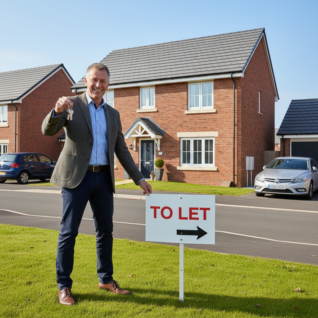 A photorealistic image representing the purpose of a Section 21 Notice in UK housing law, which involves landlords regaining possession of rental properties. The scene shows a professional adult landlord standing confidently outside a modern UK residential house, holding a set of keys, with a 'To Let' sign being removed from the front yard, symbolizing the end of a tenancy. The atmosphere is calm and professional, set on a sunny day in a suburban neighborhood. No children are present in the image.