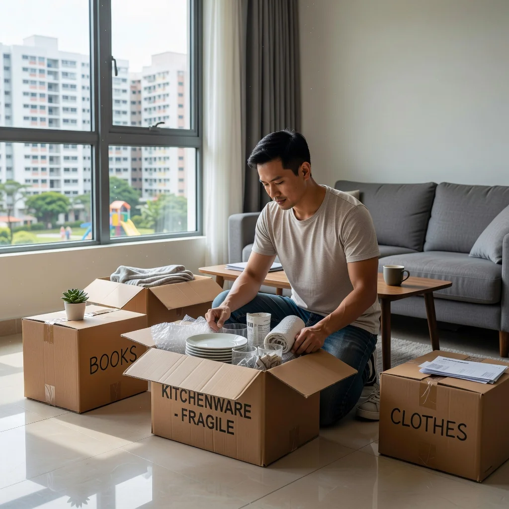 A photorealistic image representing the purpose of a Notice to Quit in Singapore, showing an adult tenant packing belongings in a modern Singaporean apartment, with a sense of transition and relocation, no legal documents visible, no children present.