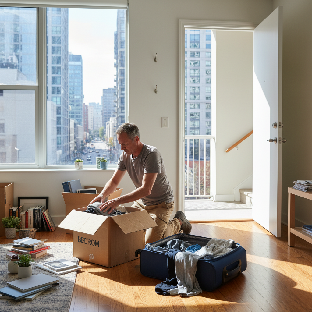 A photorealistic image of an adult tenant packing boxes and preparing to move out of a modern apartment, symbolizing the transition and purpose of a notice to vacate, with moving supplies and an open door in the background, evoking a sense of change and relocation without focusing on any legal documents.