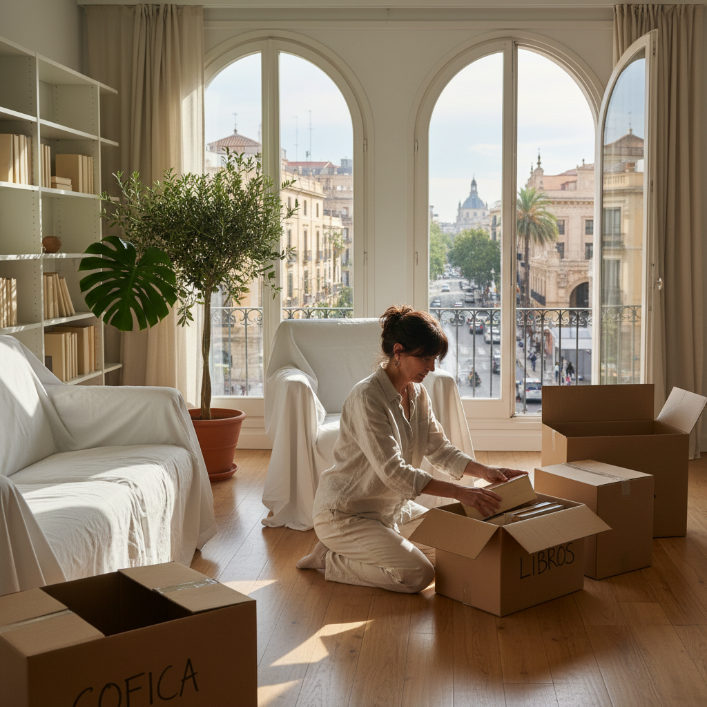 A photorealistic image depicting a professional adult tenant in a modern Spanish apartment, packing boxes and preparing to move out, symbolizing the end of a rental lease agreement, with warm natural light filtering through windows overlooking a typical urban Spanish street, conveying a sense of organized transition and resolution.