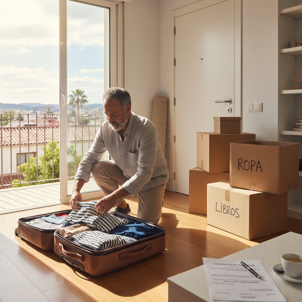 A photorealistic image of an adult tenant packing boxes and preparing to move out of a modern apartment in Spain, with a suitcase and belongings near the door, conveying the theme of ending a rental lease agreement without focusing on any legal documents.