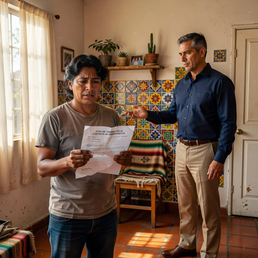 A photorealistic image of an adult tenant receiving a formal eviction notice from a landlord in a Mexican apartment setting, symbolizing the termination of a lease agreement, with Mexican cultural elements in the background like vibrant walls or local architecture, no children present.