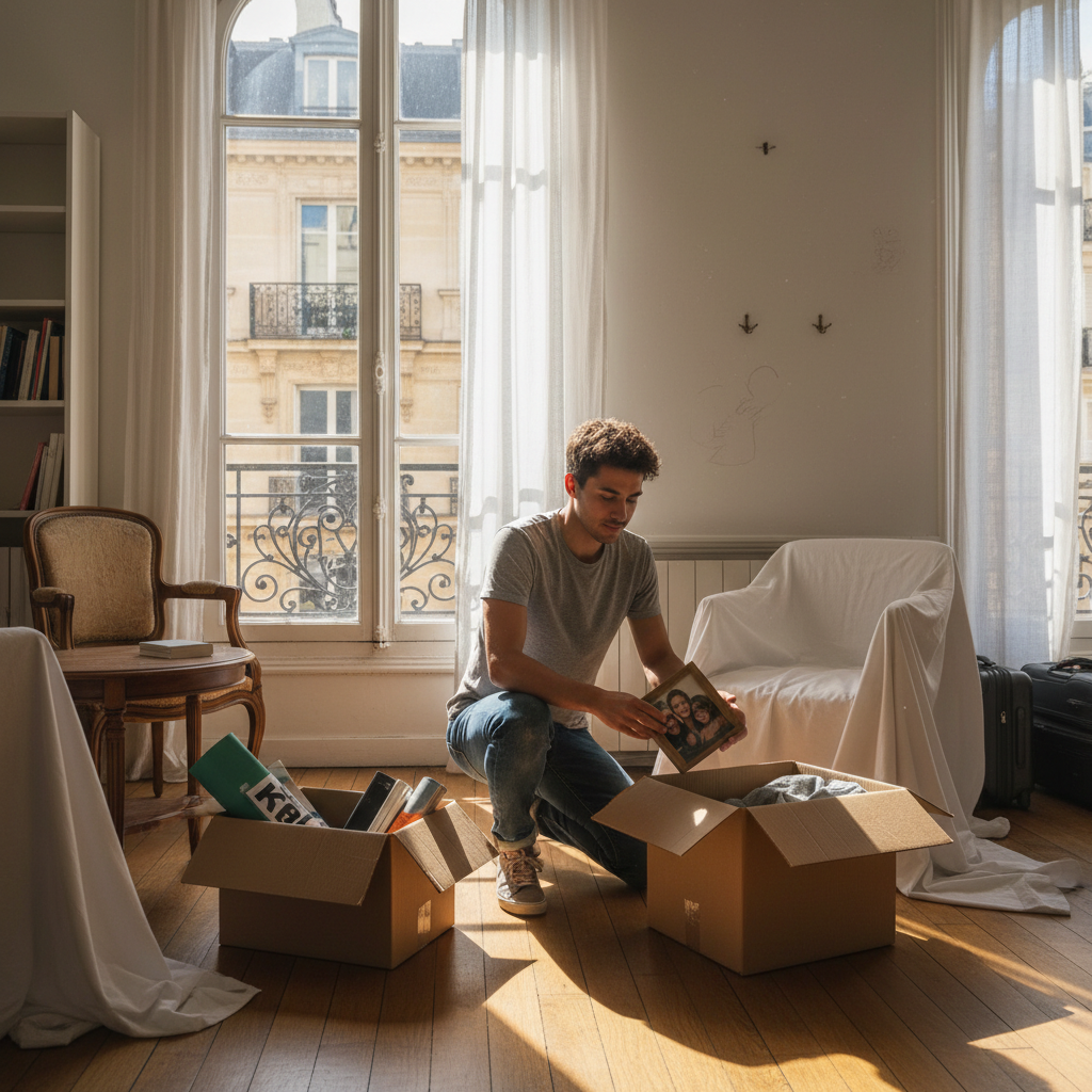 A photorealistic image of a young adult moving out of an apartment in France, packing boxes and carrying belongings down a staircase in a Parisian building, evoking the end of a lease period, with no children present.