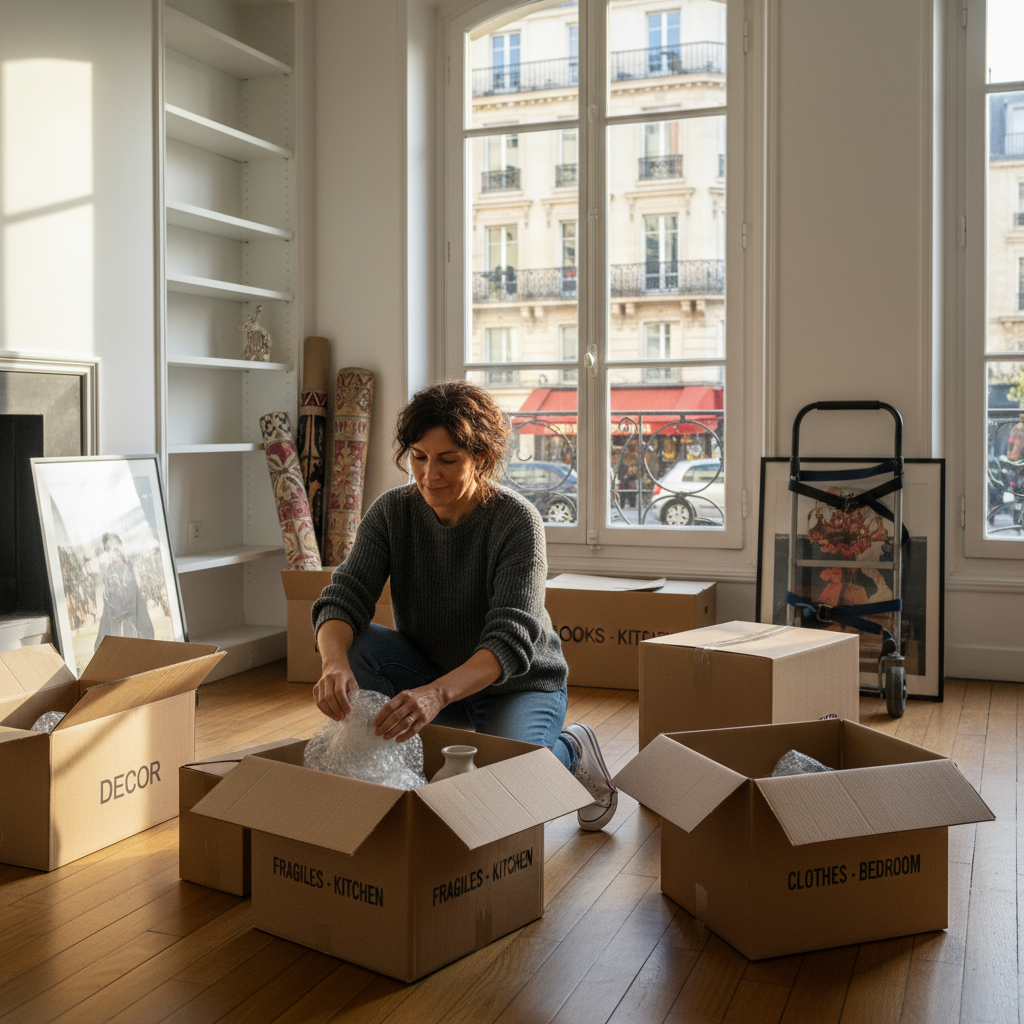 A photorealistic image representing the end of a rental lease in France, showing an adult tenant packing boxes and preparing to move out of a cozy apartment, with subtle French elements like a window view of Parisian rooftops in the background.