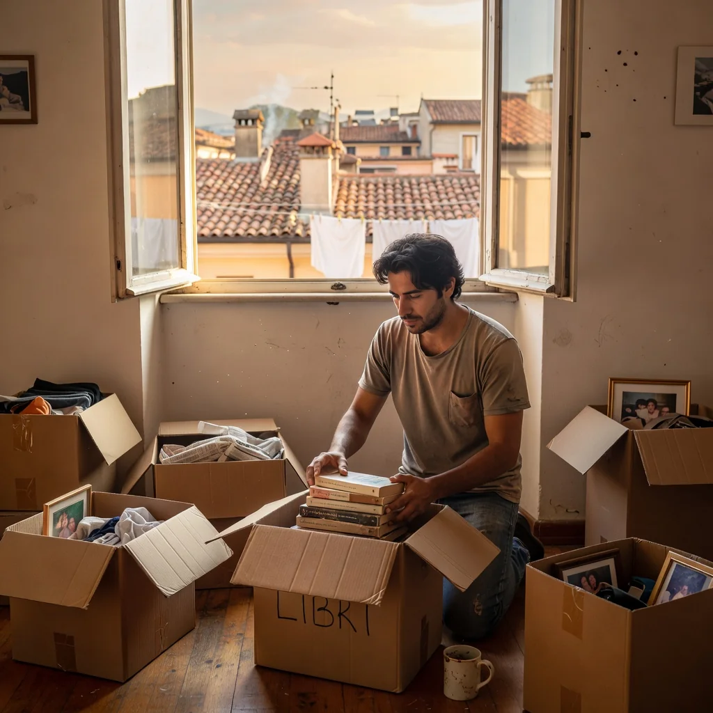 A photorealistic image of an adult Italian tenant packing boxes and preparing to move out of a cozy apartment in a historic Italian city, symbolizing the end of a rental lease agreement.