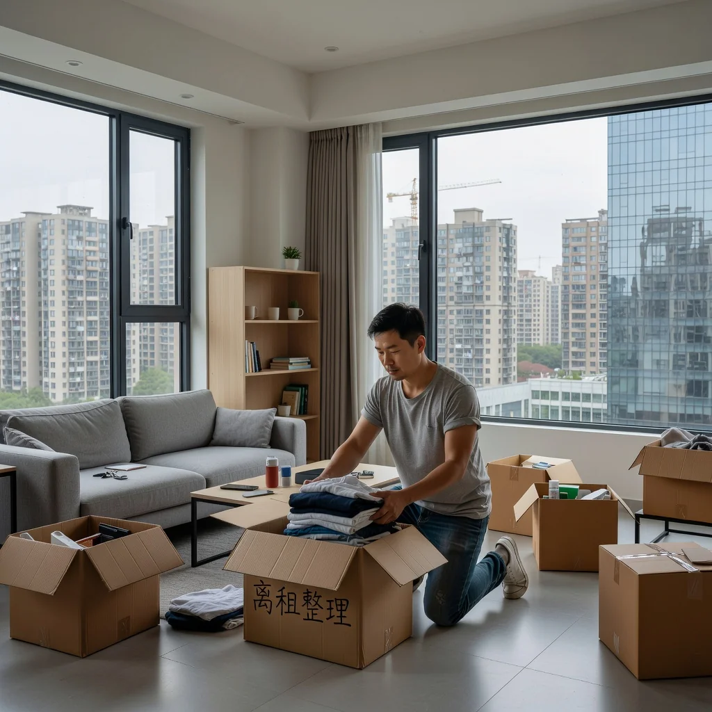 A photorealistic image depicting an adult tenant in a modern Chinese apartment, packing boxes and preparing to move out, symbolizing the end of a lease agreement. The scene shows the individual looking thoughtful while handling belongings, with subtle Chinese urban elements in the background, conveying a sense of transition and resolution without focusing on legal documents.