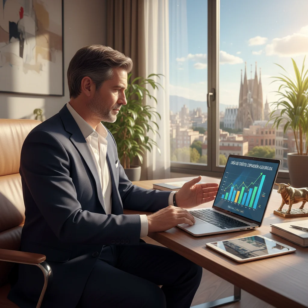 A photorealistic image of a confident adult professional in a modern Spanish office, reviewing financial charts on a computer screen, symbolizing access to a line of credit for business growth, with subtle Spanish elements like a flag or architecture in the background.