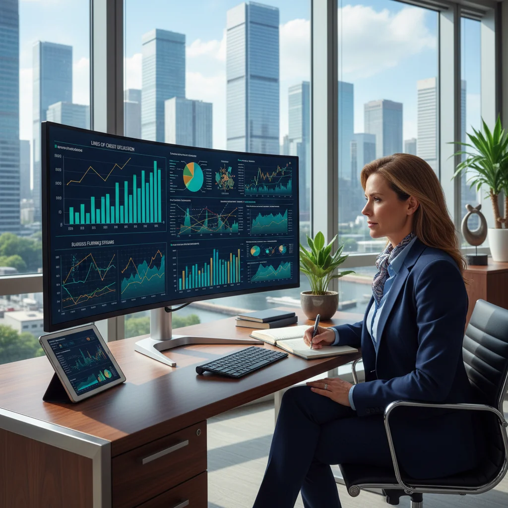 A professional businessperson in a modern office setting, reviewing financial charts on a computer screen that display lines of credit and funding options, symbolizing access to business financing without focusing on legal documents.