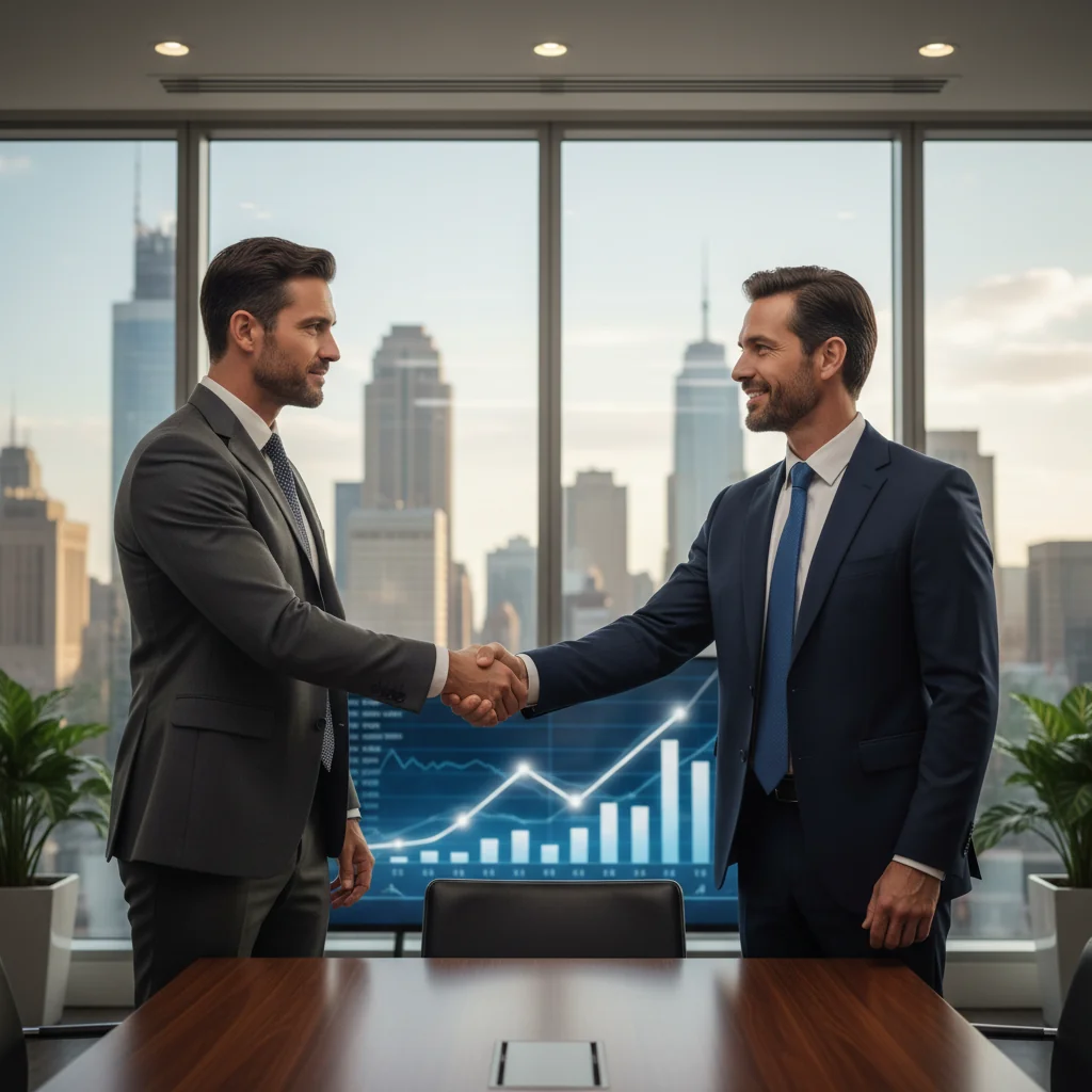 A professional business meeting in a modern office where a confident negotiator is shaking hands with a banker across a desk, symbolizing a successful agreement on a line of credit, with subtle financial elements like charts in the background, photorealistic style, no children present.