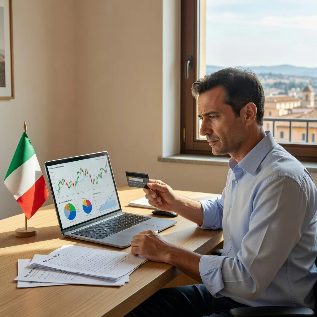 A photorealistic image depicting a mature Italian adult in their 30s or 40s, sitting at a modern desk in a home office, thoughtfully reviewing financial statements on a laptop while holding a credit card, symbolizing the benefits and risks of a line of credit in Italy. The scene includes subtle Italian elements like a map of Italy in the background and a window view of an Italian cityscape, conveying a sense of financial decision-making and caution. No children are present in the image.