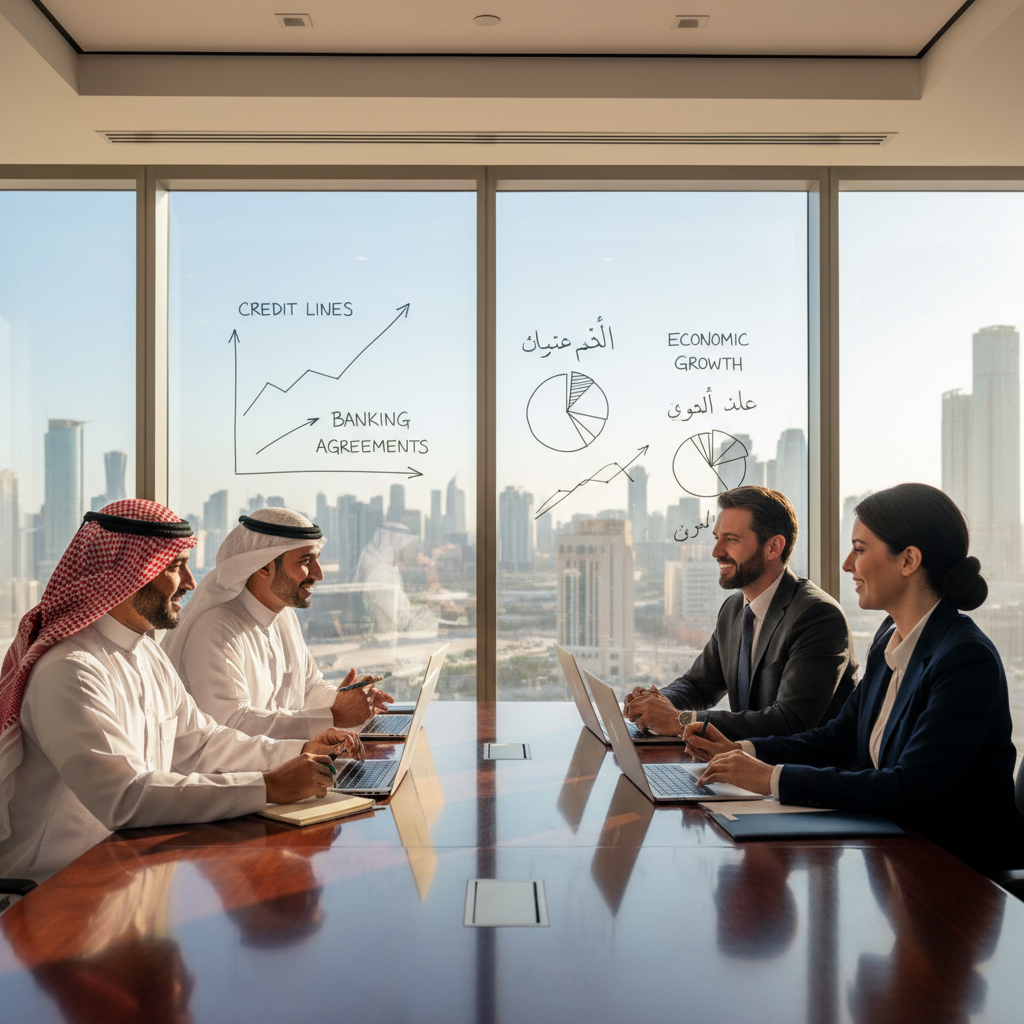 A photorealistic image depicting a professional business meeting in a modern Saudi Arabian office, with a diverse group of adult professionals discussing financial agreements around a conference table, symbolizing credit line agreements and economic collaboration in the Kingdom of Saudi Arabia.