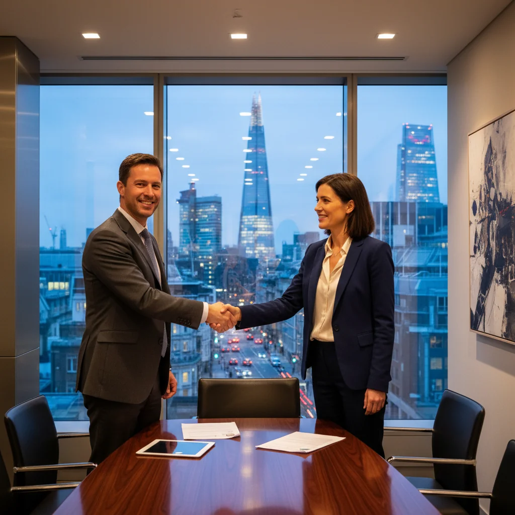 A photorealistic image depicting two professional business adults in a modern UK office setting, shaking hands over a conference table with city skyline view through large windows, symbolizing a successful business facility agreement partnership.