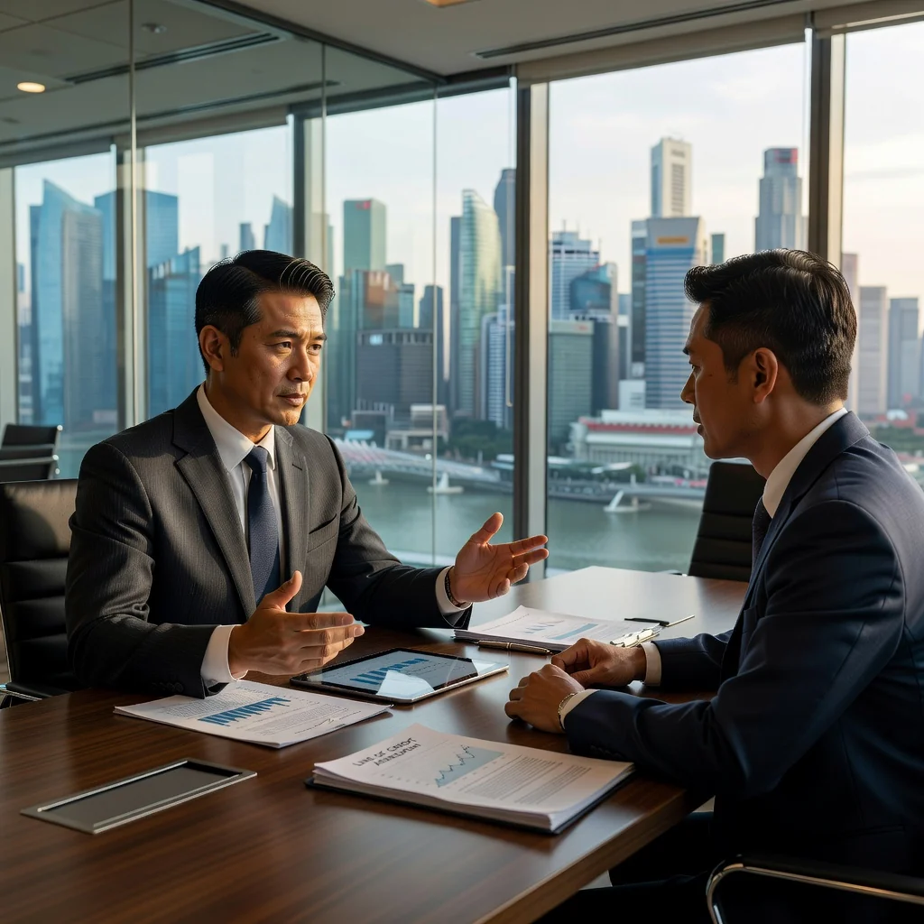 A photorealistic image of a professional adult in a modern Singapore office, engaged in a confident negotiation meeting over a line of credit, symbolizing financial agreement discussions, with elements like a city skyline view, no children present.